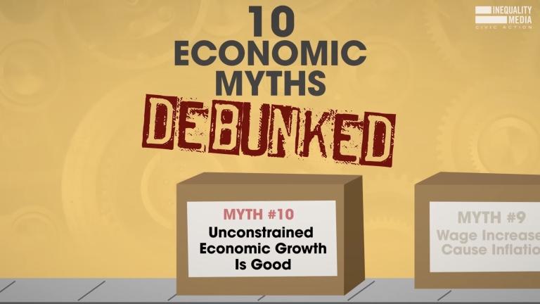 Cartoon cardboard box on a conveyer belt with a sign that reads "Unconstrained Economic Growth Is Good"